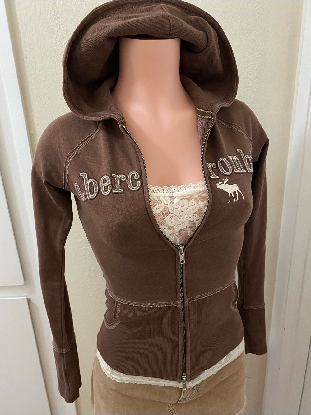 Y2k Vintage Abercrombie brown double zip up hooded sweater - Picture 11 of 16